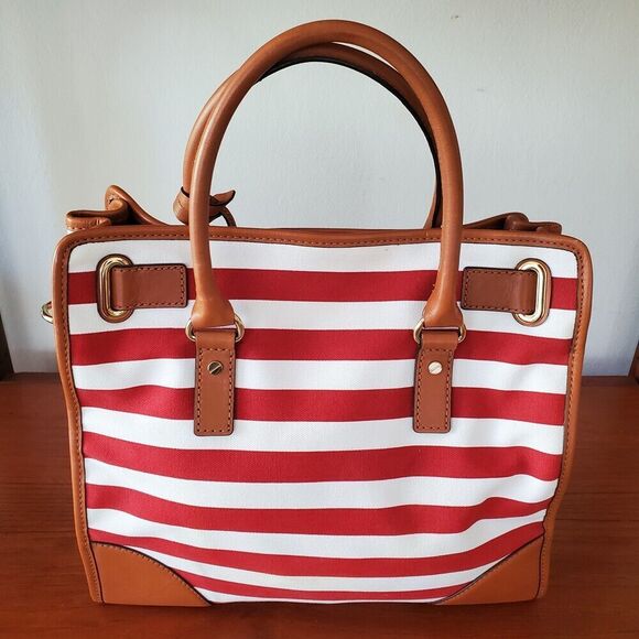 Michael Kors Hamilton Large Leather Canvas Tote Shoulder Bag Red White Striped - Picture 3 of 9
